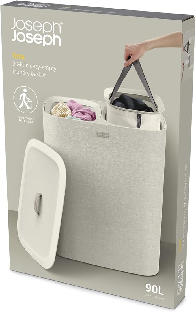 Joseph Joseph Tota 90 liter/23.8 gallon Laundry Hamper Separation Basket with lid, 2 Removable Washing Bags with Handles - Ecru-Ruum Studio Home