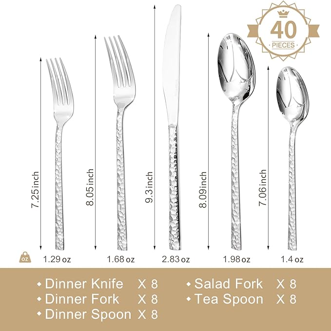 KINGSTONE 40 Piece Hammered Silverware Set, 18/10 Stainless Steel Flatware Set for 8, Cutlery Set for Home, Party, Wedding, Mirror Polished Dishwasher Safe-Ruum Studio Home