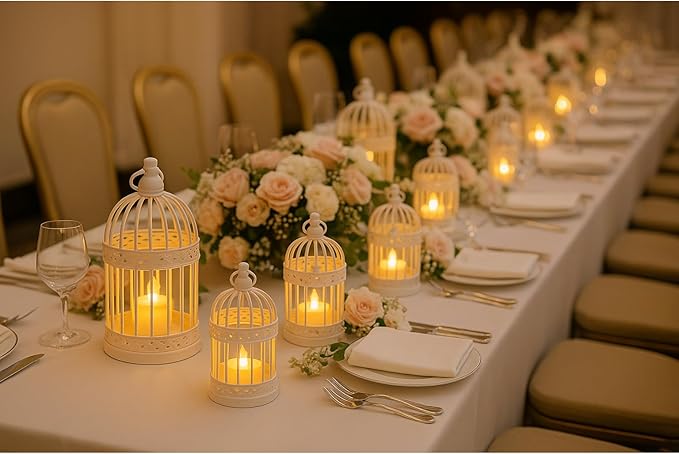 Vela Lanterns Bird Cage Decor Candle Holder Lantern Decorative Wedding Table Centerpiece Decorations, White, Small, Set of 4-Ruum Studio Home