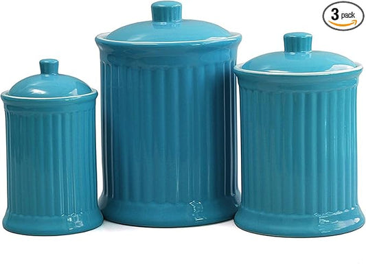 Omniware Simsbury 3-Piece Canister Set - Ceramic Storage Jars with Airtight Lids, Lead-Free Glaze, Dishwasher Safe - Vintage-Inspired Kitchen Containers for Flour, Sugar, Coffee (Turquoise)-Ruum Studio Home