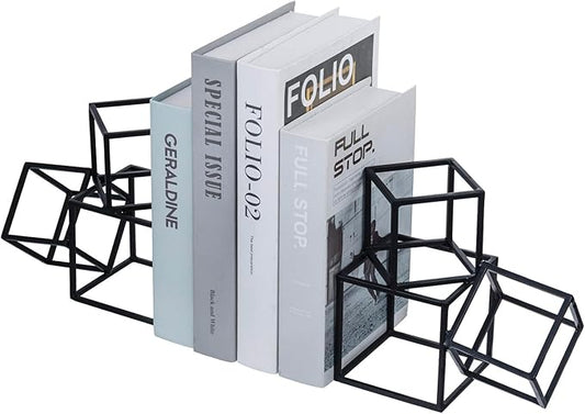 MyGift Modern Matte Black Metal Geometric Bookends in 3 Cube Frame Design, Decorative Book Stands for Home Library Bookshelf Office Desk, 1 Pair, Handcrafted in India-Ruum Studio Home