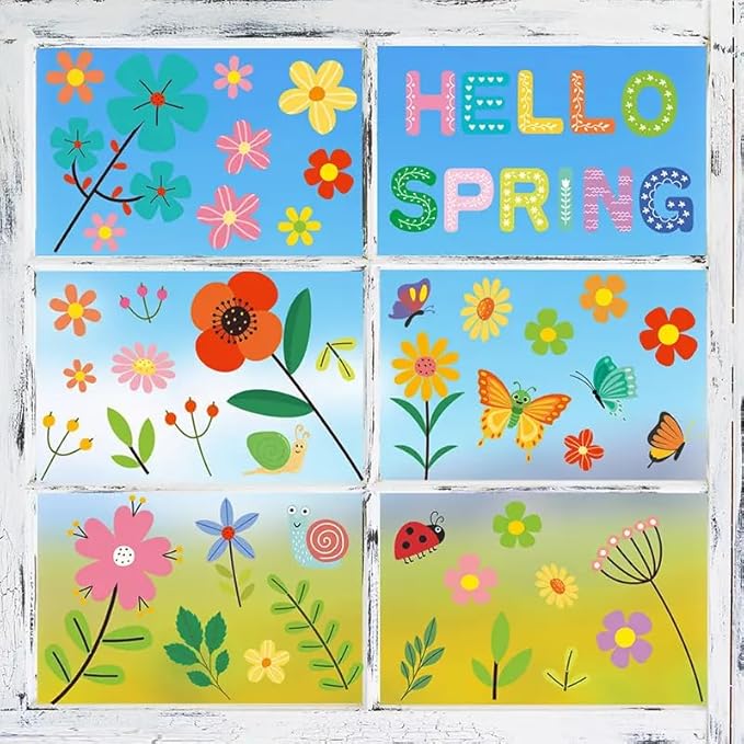 Set of 93 PCS Hello Spring Summer Window Cling Sticker Daisy, Sunflower, Birds, and Butterfly Window Stickers, Spring and Summer Decor, Home, Shop, Party Window Glass Display Stickers-Ruum Studio Home
