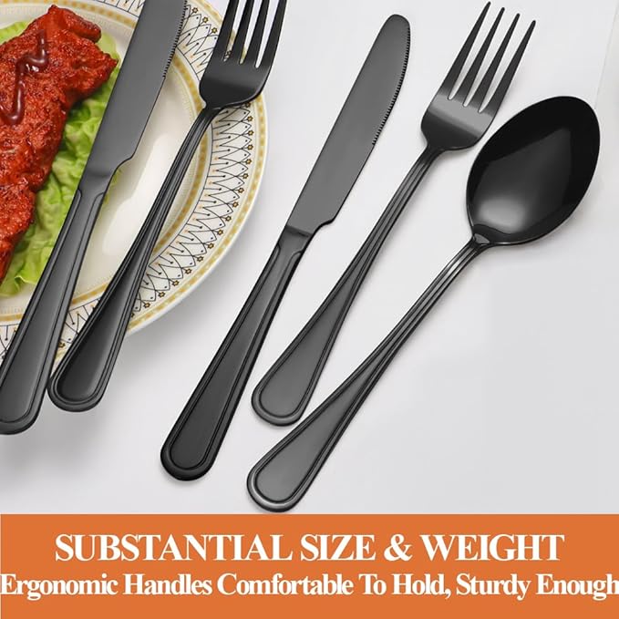 40 Pcs Black Silverware Set for 8 with Simple Striped Handle Design, Food Grade Stainless Steel Flatware Set, Eating Utensils Sets Include Fork/Knife/Spoon, Cutlery Set, Dishwasher Safe-Ruum Studio Home