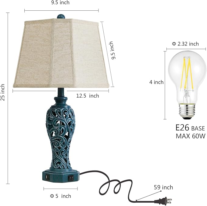 25'' Farmhouse Table Lamps Set of 2 for Living Room Bedroom, 2 USB Ports Coastal Vintage Table Lamp with Nightlight, Blue Green Hollow Out Resin Lamp for End Table (Bulbs Included)-Ruum Studio Home
