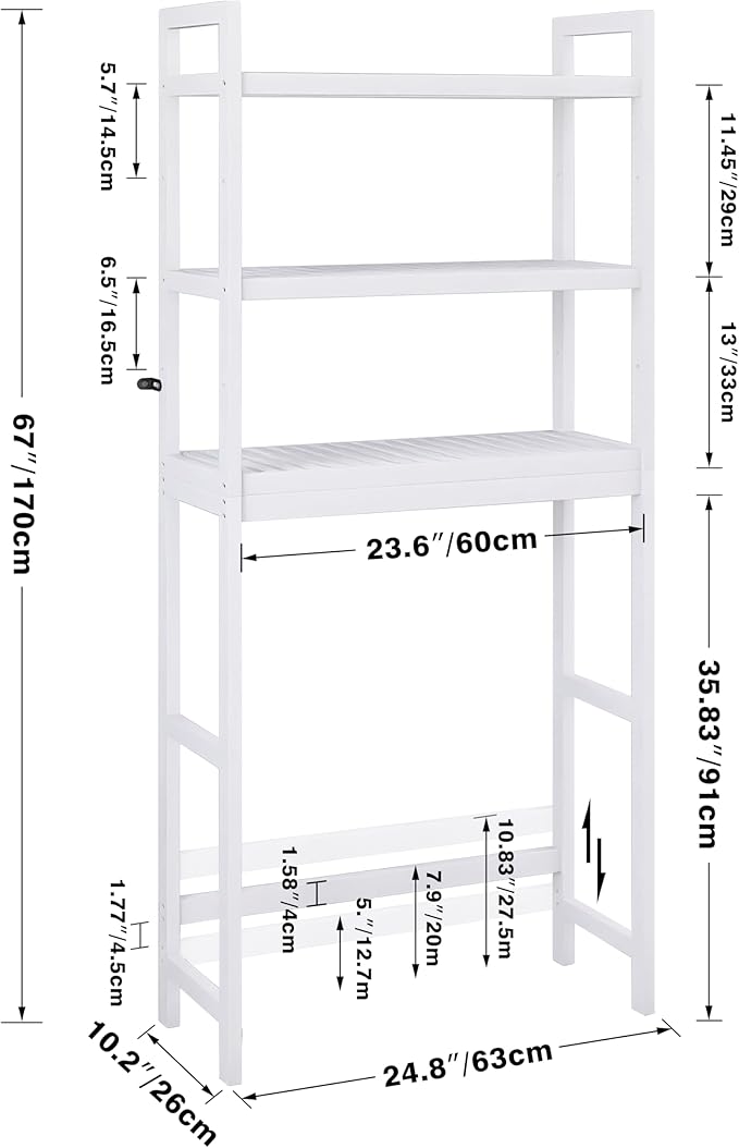 SMIBUY Bathroom Storage Shelf, Bamboo Over-The-Toilet Organizer Rack, Freestanding Toilet Space Saver with 3-Tier Adjustable Shelves (White)-Ruum Studio Home
