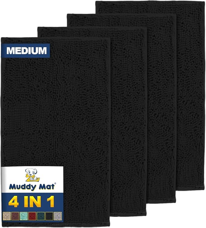 Muddy Mat® 4-Piece Black Medium 30"X19" AS-SEEN-ON-TV Highly Absorbent Microfiber Door Mat, Bath Mat and Pet Rug, Non Slip Thick Washable, Soft Chenille for Kitchen Bathroom Bedroom Indoor and Outdoor-Ruum Studio Home