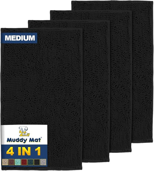 Muddy Mat® 4-Piece Black Medium 30"X19" AS-SEEN-ON-TV Highly Absorbent Microfiber Door Mat, Bath Mat and Pet Rug, Non Slip Thick Washable, Soft Chenille for Kitchen Bathroom Bedroom Indoor and Outdoor-Ruum Studio Home