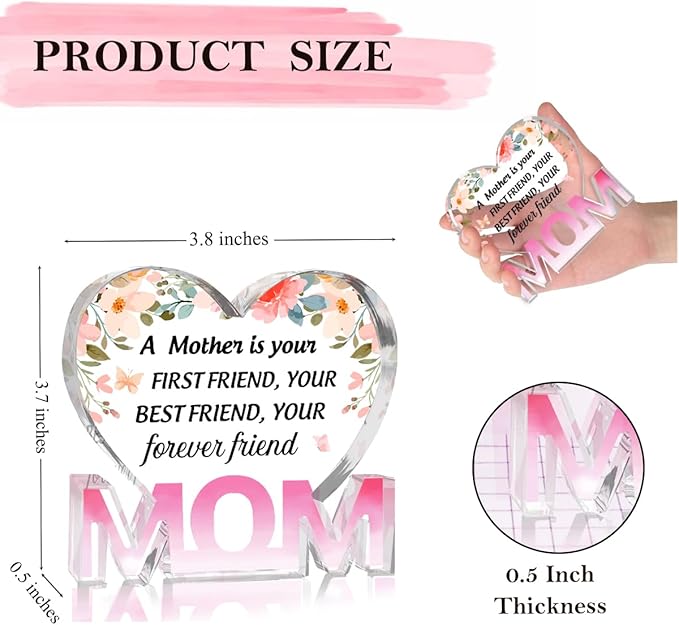 Mothers Day Gifts Best Mom Gifts -Gifts for Mom from Daughter Son - Best Mom Ever Gifts Unique Mother Birthday Acrylic Heart-Shaped Plaque Desk Decorations Present for Mom Christmas Anniversary-Ruum Studio Home