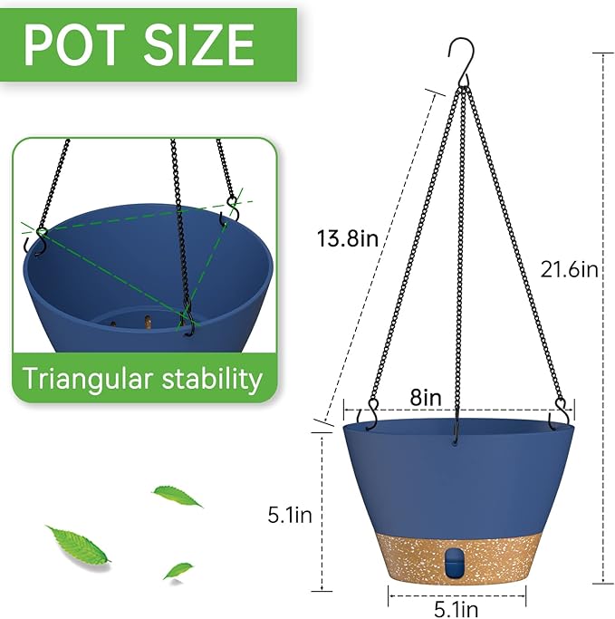 ZMTECH 8 Inch Hanging Planters for Indoor Plants, Hanging Baskets for Plants Outdoor with Visible Water Level, Hanging Flower Pots with Drainage Holes & Removable Tray(2 Pack, Blue)-Ruum Studio Home