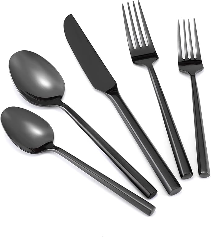 Hand Forged Stainless Steel Flatware Set Silverware Set Cutlery Set Hexagon Handle Black Mirror Finished 20 Pieces Service for 4-Ruum Studio Home