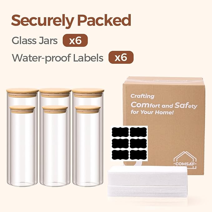 ComSaf Glass Food Storage Jars Set of 6, Tall Glass Storage Containers with Lids, Spaghetti Jar, Canisters Set for the kitchen, Pasta, Flour, Nuts, Oat, Coffee and Sugar Container, Pantry Organization-Ruum Studio Home