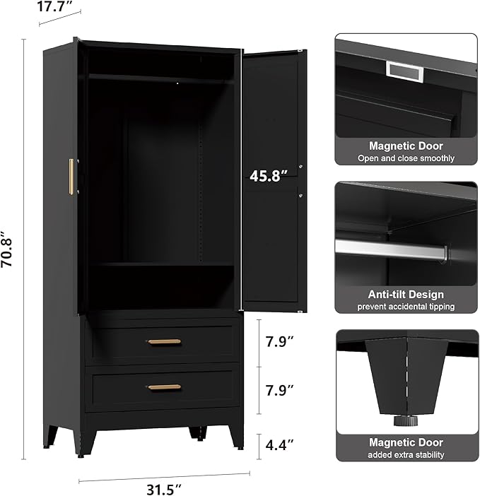 71'' Farmhouse Metal Wardrobe Cabinet with Hanging Rod, 2 Barn Door Wardrobe Closet with Adjustable Shelves,2 Drawer,for Dining Room,Bedroom,Living Room, Cloak Room,Office (Black)-Ruum Studio Home