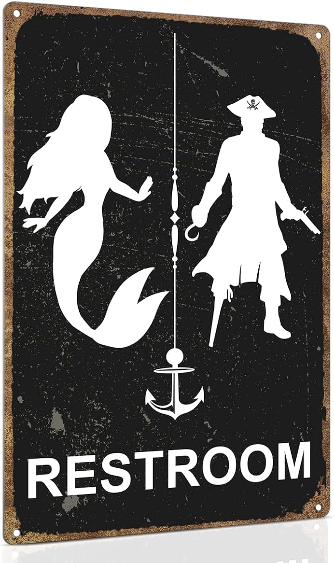ALKB Nautical Themed Vintage Restroom Door Sign Fun Mermaid and Pirate Sign Suitable for Ocean, Beach, Ship Themed Wall Decor 8x12 Inch-Ruum Studio Home