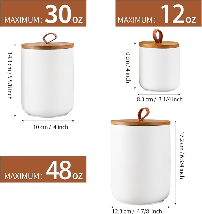 Ceramic Canister Set for Kitchen, 3pcs White Ceramic Kitchen Canisters for Countertop with Airtight Wood Lids, Large Flour and Sugar Containers for Coffee, Tea, Spice-Ruum Studio Home