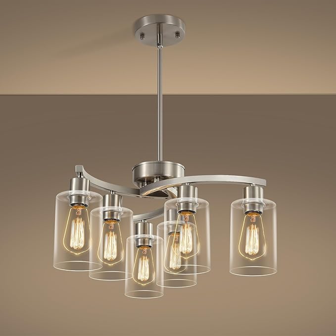 6-Light Brushed Nickel Chandeliers for Dining Room Light Fixtures Over Table, Adjustable Height Hanging Industrial Pendant Lighting for Kitchen Island Bedroom, Clear Glass Shade-Ruum Studio Home