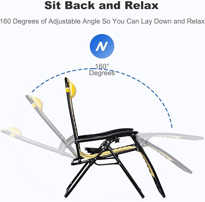 Nazhura Set of 2 Relaxing Recliners Patio Chairs Adjustable Steel Mesh Zero Gravity Lounge Chair Beach Chairs with Pillow and Cup Holder (Yellow Stripe)-Ruum Studio Home