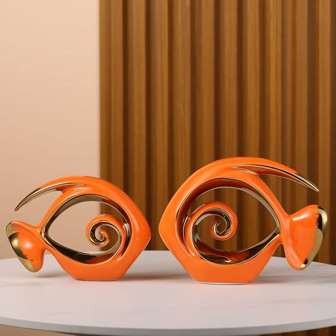 Orange Gold Ceramic Fish Figurines - Coastal Home Decor, Modern Ocean Centerpieces for Living Room, Dining Area, Bathroom, Office, Coffee Table, Beach House, Nautical, Seaside, Entrance, Shelf Display-Ruum Studio Home