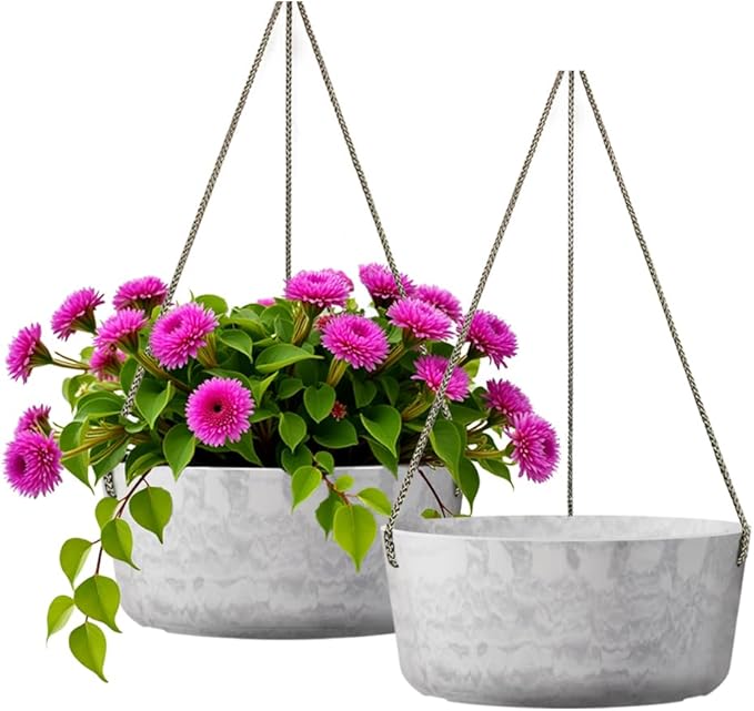 10.7 Inch Hanging Planter for Outdoor Indoor Plants，2 Pack Hanging Flower Pots with Drain Holes for Garden Home Decor Use (Marble)-Ruum Studio Home