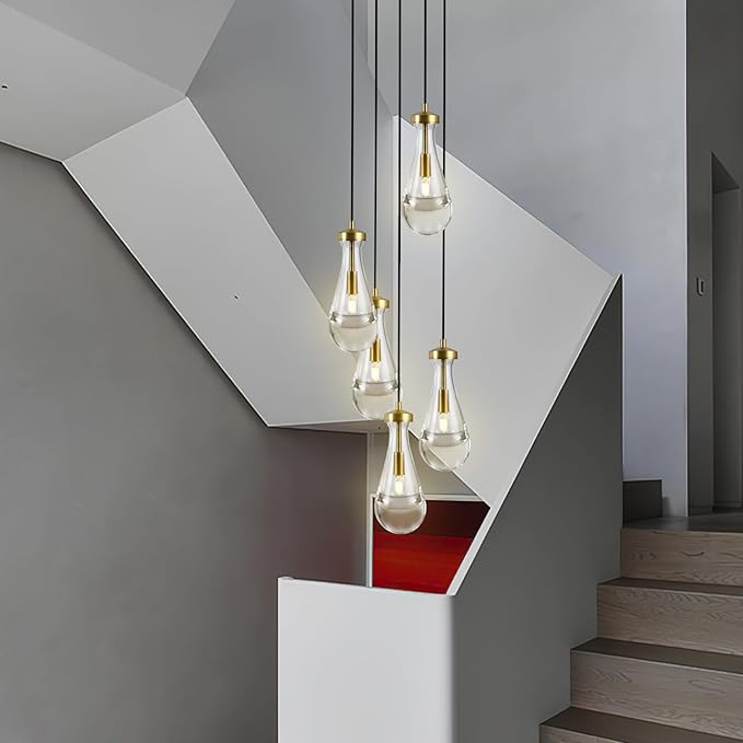 Gold 5 Light Cluster Pendant Lighting, Raindrop Chandeliers Brass Dining Room Lights Fixture, Teardrop Pendant Lights Kitchen Island, Hanging Lamp Ceiling for Entryway Foyer Staircase-Ruum Studio Home