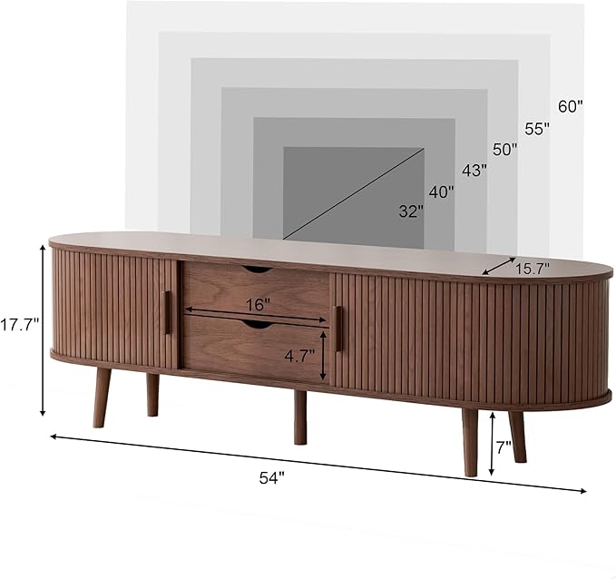 55" Mid Century TV Stand, Fluted TV Stand Fits 32" to 60" TVs. Wood Entertainment Center for Living Room, Farmhouse Modern TV and Media Console Table with Storage, Curved Edge and Sliding Door, Walnut-Ruum Studio Home