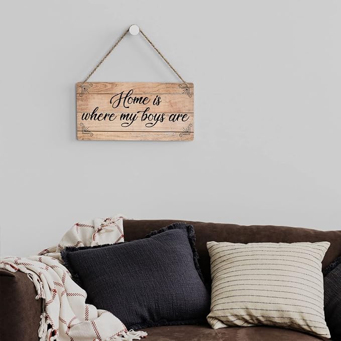 SENJIAN Rustic Family Quote Wood Decor Sign, Home is Where My Boys are Printed Wood Sign Wall Art, Hanging Door Sign, Decorative Wood Sign Home Decor 6" x 12"-Ruum Studio Home