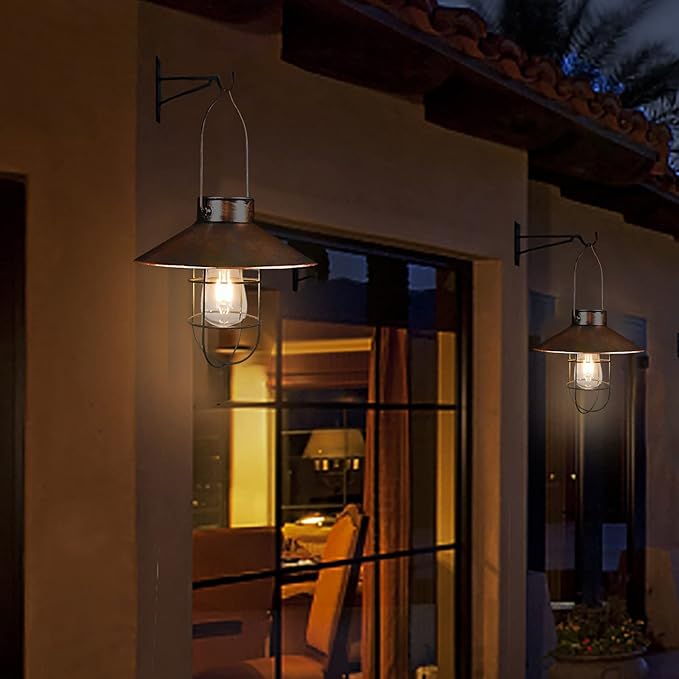 pearlstar Solar Lantern Outdoor Hanging Light Metal Farmhouse Solar Lamp with Warm White Edison Bulb Design for Garden Yard Patio Porch Decor (Brushed Copper)-Ruum Studio Home