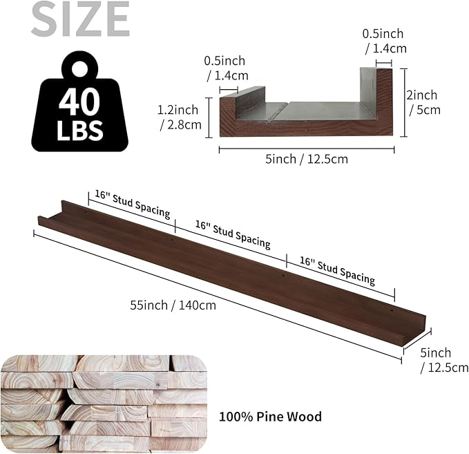 SAUMONIERES Picture Ledge Shelf Floating Book Shelves Set of 2 Wall Mounted Solid Wood for Bedroom Bathroom Living Room Kitchen, 55 Inch Walnut-Ruum Studio Home