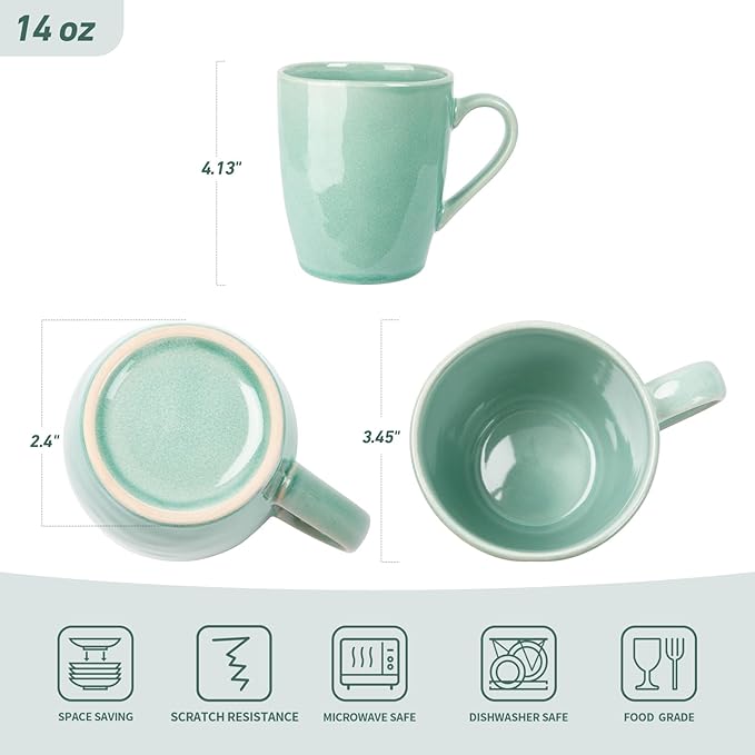 famiware Aurora Coffee Mugs, 14oz Mug Set of 4, Stoneware Mug, Cups for Kitchen, Cappuccino, Latte, Reactive Glaze, Microwave Safe, Scractch-resistant, Mint Green-Ruum Studio Home