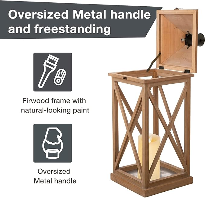 Glitzhome Mondern Farmhouse Wood Metal Lanterns Decorative Hanging Candle Lanterns Set of 2, Natural (No Glass)-Ruum Studio Home