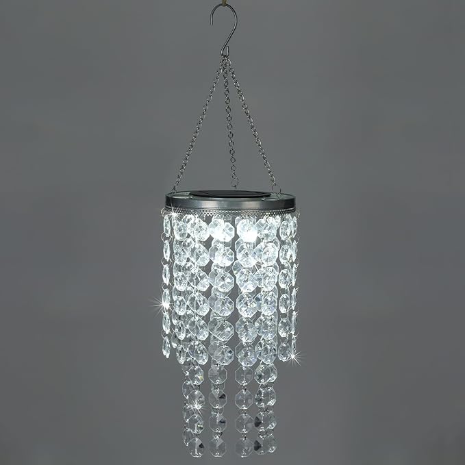 Hanging Solar Lantern Outdoor, 2 Tiers 21” Solar Transparent Acrylic Beaded Chandelier with Cool White LED S Hooks for Garden Yard Patio Gazebo Outside Decor-Ruum Studio Home
