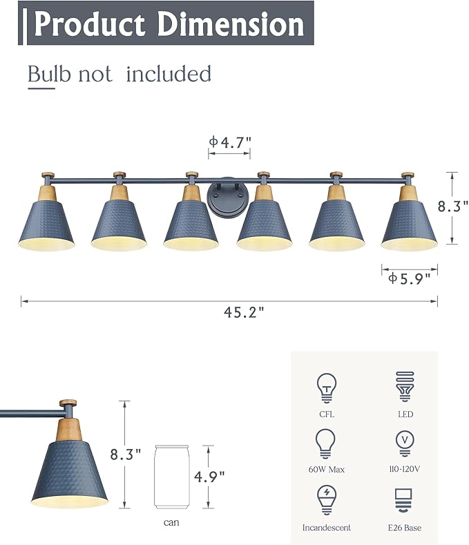 FEMILA Vintage Bathroom Light Fixtures, 45.3" Vanity Lighting Fixtures Over Mirror, 6 Light Vanity Light, Blue Finish, 4FG59B-6W Blue-Ruum Studio Home
