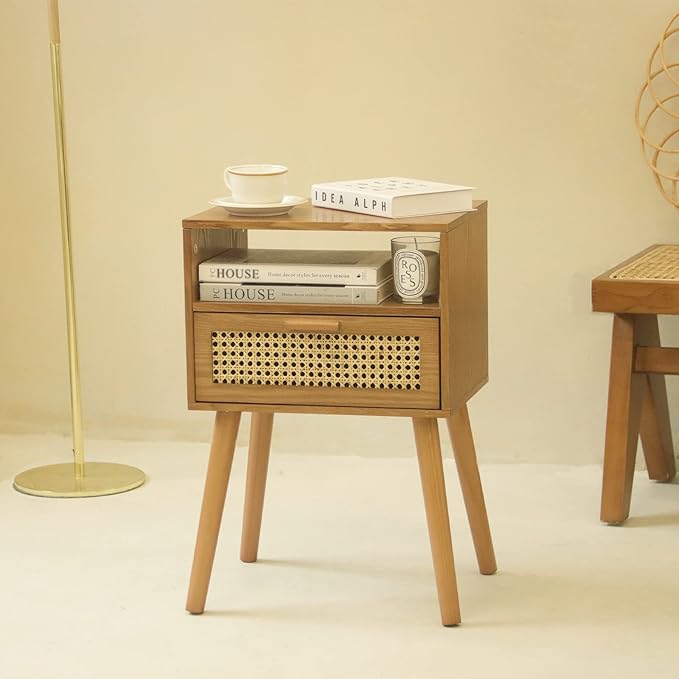 MaxSmeo Mid Century Modern Nightstand with Charging Station, Bedside Tables with Rattan Drawer, Small Wood Nightstand Side Table for Living Room,Bedroom (Brown)-Ruum Studio Home