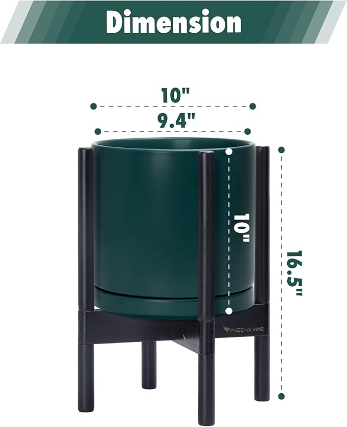 D'vine Dev Ceramic Planter with Ebony Stand - 10 Inch Modern Round Flower Pot with Wood Planter Holder, Teal, 55-B-L-4-Ruum Studio Home