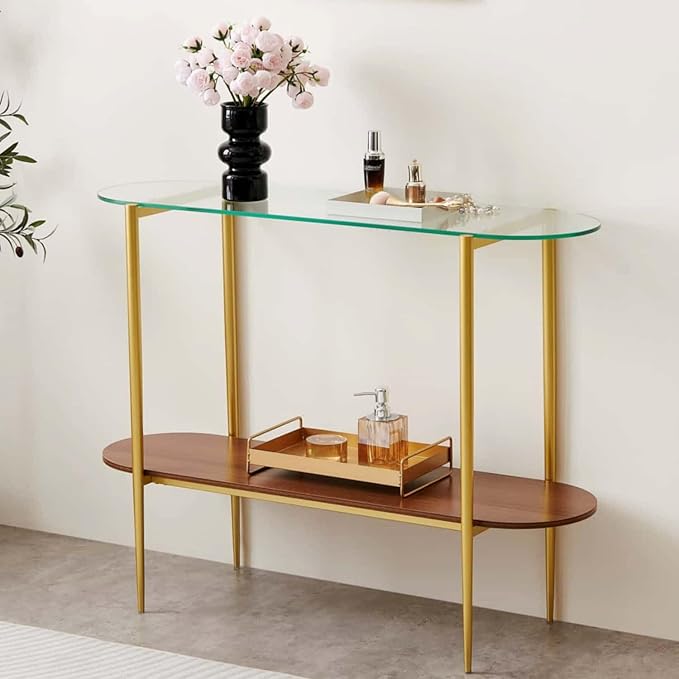 Oval Glass Console Table for Living Room, Foyer & Entrance, 2-Tiers Mid-Century Modern Sofa Table with Clear Glass Top, Walnut Finish Wood Shelf and Gold Finish Frame-Ruum Studio Home