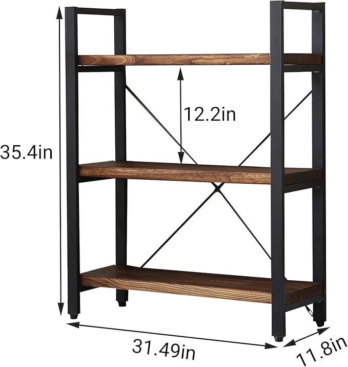 Natural Real Solid Wood Bookcase,3 Tier Metal and Wood Open Book Shelf Storage Farmhouse Wide Etagere Bookcase for Office Living Bedroom-Ruum Studio Home