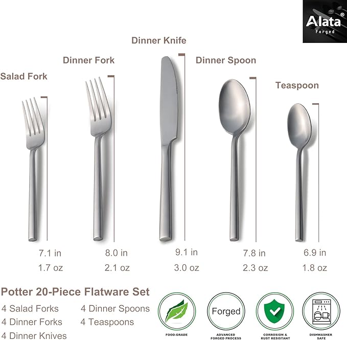 Alata Potter 20-Piece Forged Silverware Set, Service for 4 – Premium Stainless Steel Flatware Set, Modern Design with Satin Finish, Ideal for Home, Kitchen, Party, Camping-Ruum Studio Home