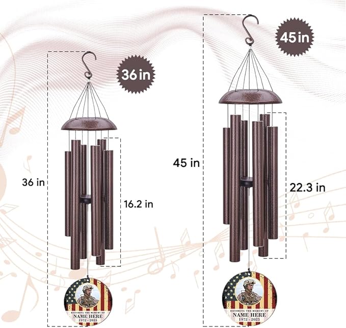 36inch Personalized Wind Chimes, Memorial Wind Chimes for US Veteran, Wind Chime for Loss of Loved Dad/Mom, Sympathy Memorial Gifts, Thank You Veteran Solider-Ruum Studio Home