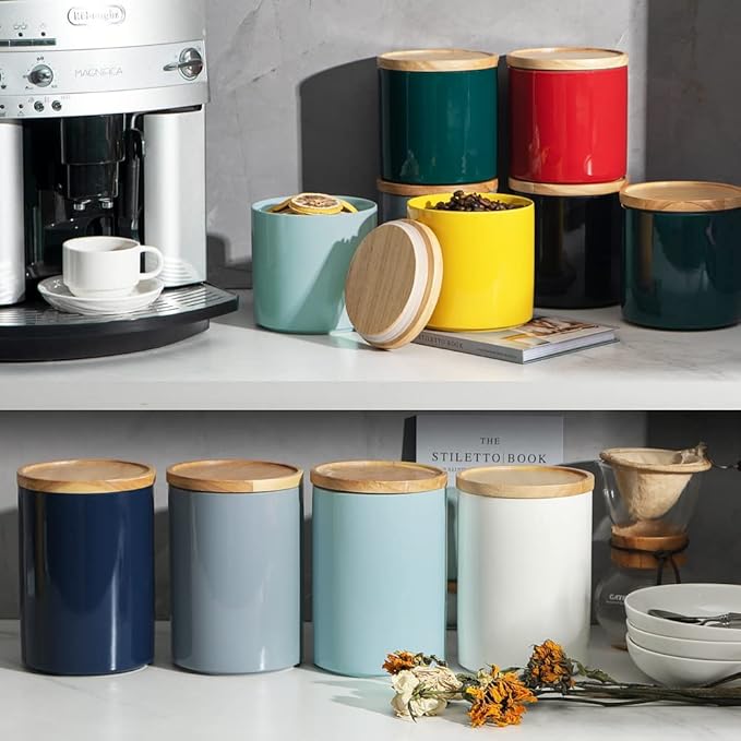 Sweejar Kitchen Canisters Ceramic Food Storage Jar, Stackable Containers with Airtight Seal Wooden Lid for Serving Coffee Bean, Flour, Tea, Cookies and More - 58 Fl Oz (Dark Turquoise)-Ruum Studio Home