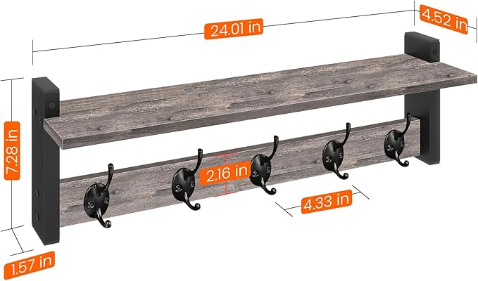Homode Wall Hooks With Shelf, 24 Inch Coat Rack Wall Mount for Entryway, Clothes, Backpack, Key, Purse - Floating Shelf Hanging in Bathroom, Bedroom, Hallway, Rustic Grey-Ruum Studio Home