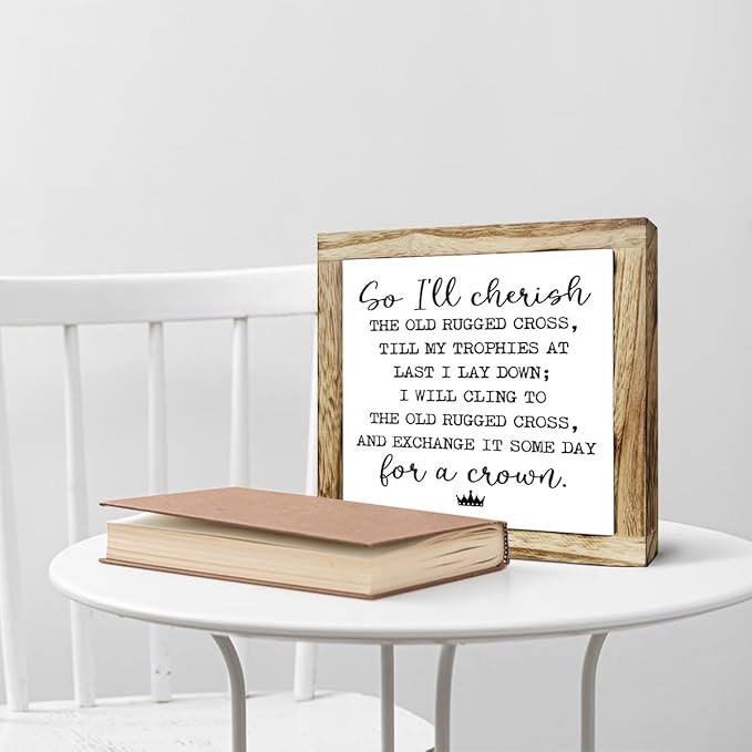 Rustic Wood Sign, So I'll Cherish the Old Rugged Cross Sign, Wooden Plaques Signs Table Decor, Small Wooden Box Signs, Inspirational Desk Decorate, Spiritual Decorate, Shelf Decoration for Home Office-Ruum Studio Home