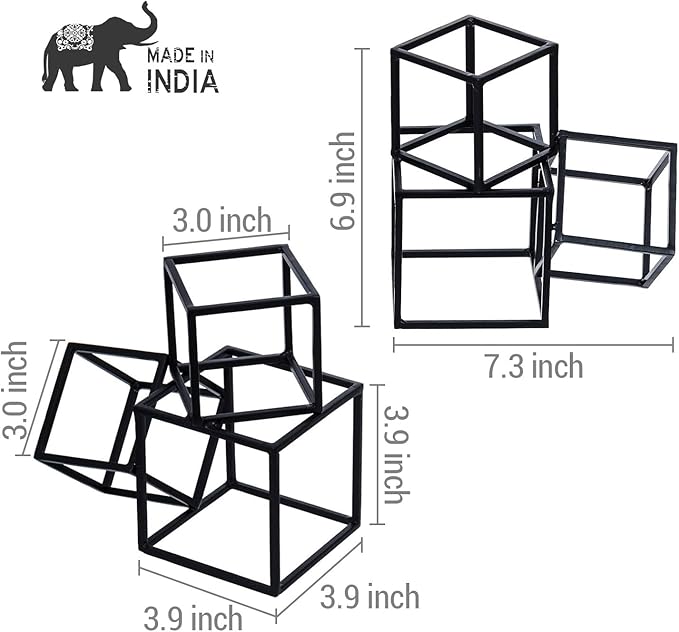 MyGift Modern Matte Black Metal Geometric Bookends in 3 Cube Frame Design, Decorative Book Stands for Home Library Bookshelf Office Desk, 1 Pair, Handcrafted in India-Ruum Studio Home