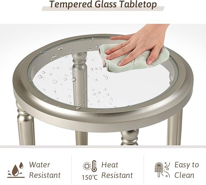 COSIEST Round Side Table, End Table Glass with Wood Frame, Champagne Gold Bedside Table with Modern Style for Living Room, Balcony, Bedroom-Ruum Studio Home