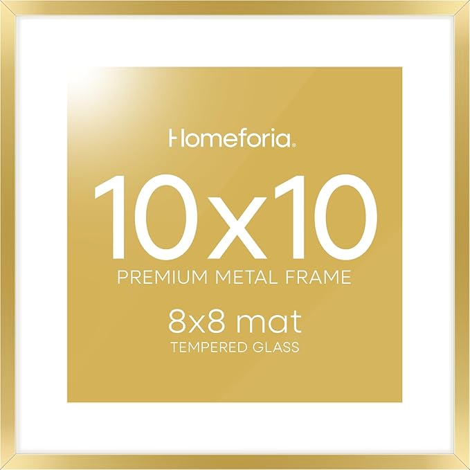 Homeforia Square 10x10 Gold Frame, High End Metal 10 by 10 Picture Frames with Mat 8 x 8, 10by10 Thin Poster Frame Matted to 8x8 inch Photo, Wall or Tabletop Frames, Tempered Glass, Wall Kit, Set of 1-Ruum Studio Home