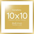 Homeforia Square 10x10 Gold Frame, High End Metal 10 by 10 Picture Frames with Mat 8 x 8, 10by10 Thin Poster Frame Matted to 8x8 inch Photo, Wall or Tabletop Frames, Tempered Glass, Wall Kit, Set of 1-Ruum Studio Home