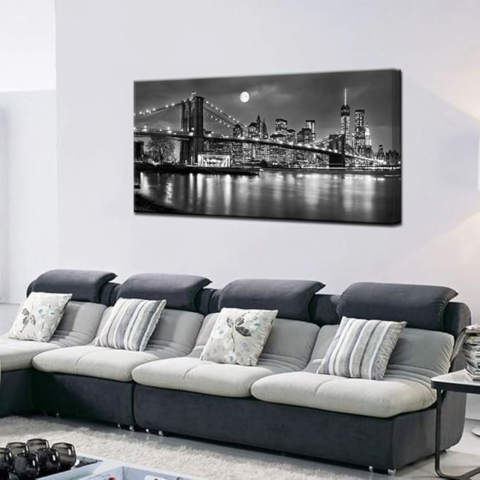 LevvArts - Black and White New York Picture Brooklyn Bridge Canvas Wall Art Full Moon Night Manhattan City Poster Canvas Print Framed Gallery Wrapped Modern Home Office Decoration-Ruum Studio Home