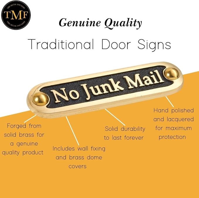 No Junk Mail Metal Brass Door Sign. Traditional Style Home Décor Wall Plaque Handmade By The Metal Foundry UK.-Ruum Studio Home