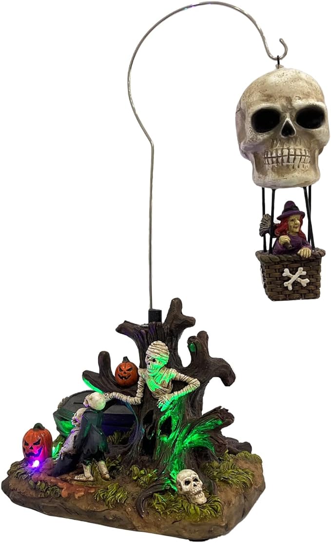 Animated Skull Balloon Ride Halloween Figurine | Spooky Town Collection Accessories with Multi-Color LED, Motion and Sound | 14.13 Inch-Ruum Studio Home