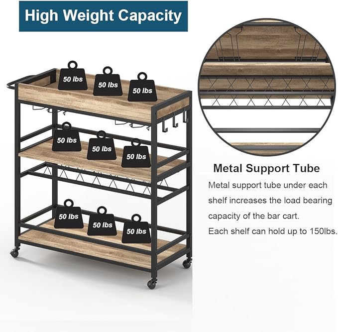 BON AUGURE Bar Cart for The Home, Bar Serving Carts on Wheels, 3 Tier Storage Drink Trolley, Rolling Wood and Metal Liquor Beverage Cart (Vintage Oak)-Ruum Studio Home