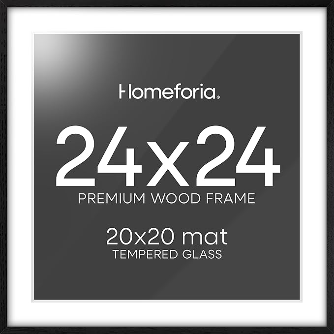 Homeforia 24x24 Black Wood Frame, High End Oak 24 x 24 Square Picture Frames with Mat 20 by 20 inches Photo, 24by24 Black Wooden Poster Frames Matted to 20x20 Print, Tempered Glass, Wall Kit, Set of 1-Ruum Studio Home