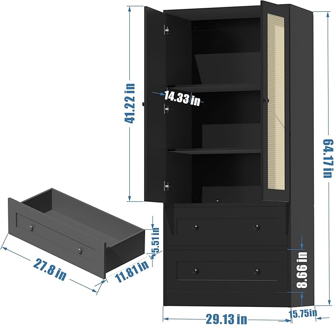 64.2" Tall Rattan Black Kitchen Pantry, Storage Cabinet with Doors and Drawers, Freestanding Wooden Organizer for Kitchen, Dining Room-Ruum Studio Home